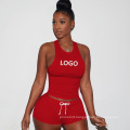 Custom LOGO Women Two Pieces Sport Sets Breathable Fitness Workout Plus Size Yoga Bra and Short Sets Solid Color for Ladies